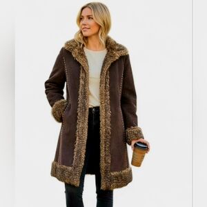 Vintage Y2K Charlotte Russe Genuine Suede Leather Penny Lane Coat FauxFur Trim.S